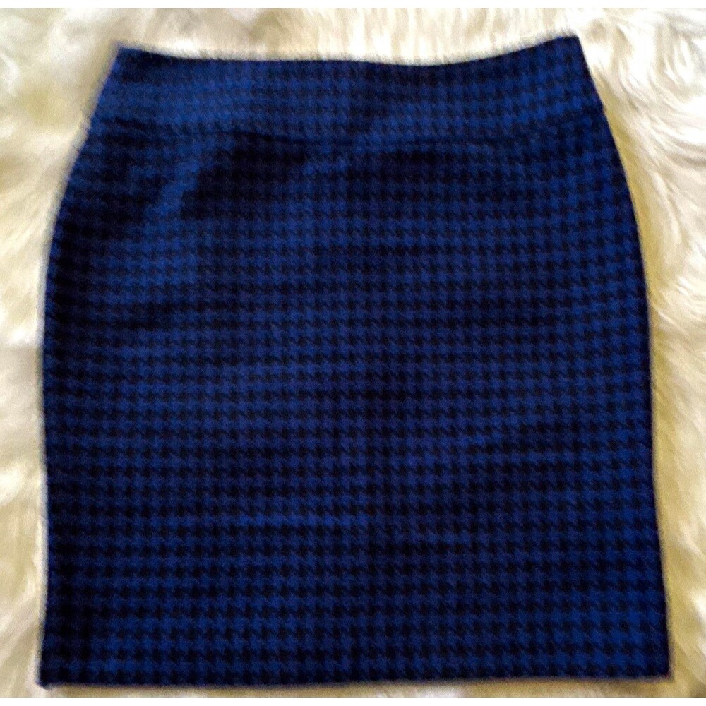 Ann Taylor Womens Blue Black Houndstooth Tweed Pencil Skirt 8 Lined Zip 607